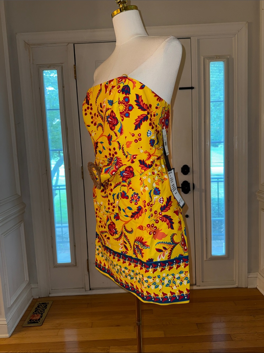 Adrianna Papell Yellow Strapless Floral Sundress with Decorative Belt - Picture 4 of 4